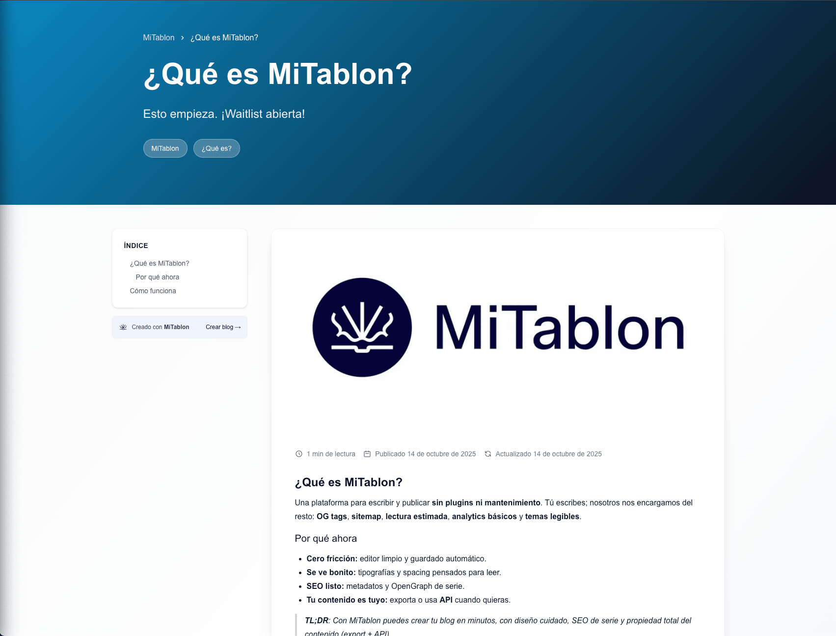 Vista de blog publicado en MiTablon